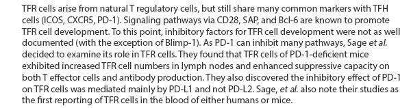 TFR cells arise from natural T regulatory cells, but still share many common markers with TFH cells (ICOS, CXCR5, PD-1). Signaling pathways via CD28, SAP, and Bcl-6 are all known to promote TFR cell development. To this point, inhibitory factors for TFR cell development were not as well documented (with the exception of Blimp-1). As PD-1 can inhibit many pathways, Sage et al. decided to examine its role in TFR cells. They found that TFR cells of PD-1-deficient mice exhibited increased TFR cell numbers in lymph nodes and enhanced suppressive capacity on both T effector cells and antibody production. They also discovered the inhibitory effect of PD-1 on TFR cells was mediated mainly by PD-L1 and not PD-L2. Sage et al. also note their studies as the first reporting of TFR cells in the blood of either humans or mice. 